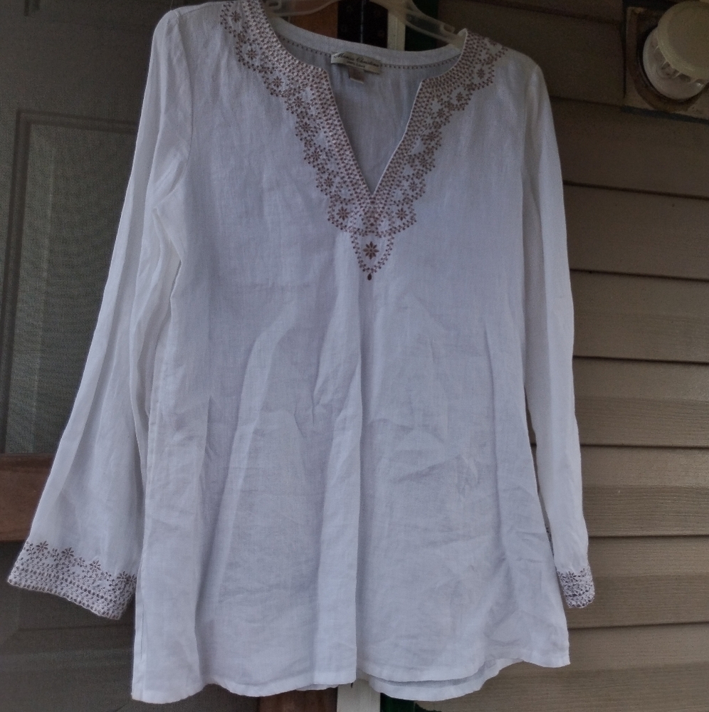 Marisa Christina White Linen Embellished 3/4 Sleeve Tunic